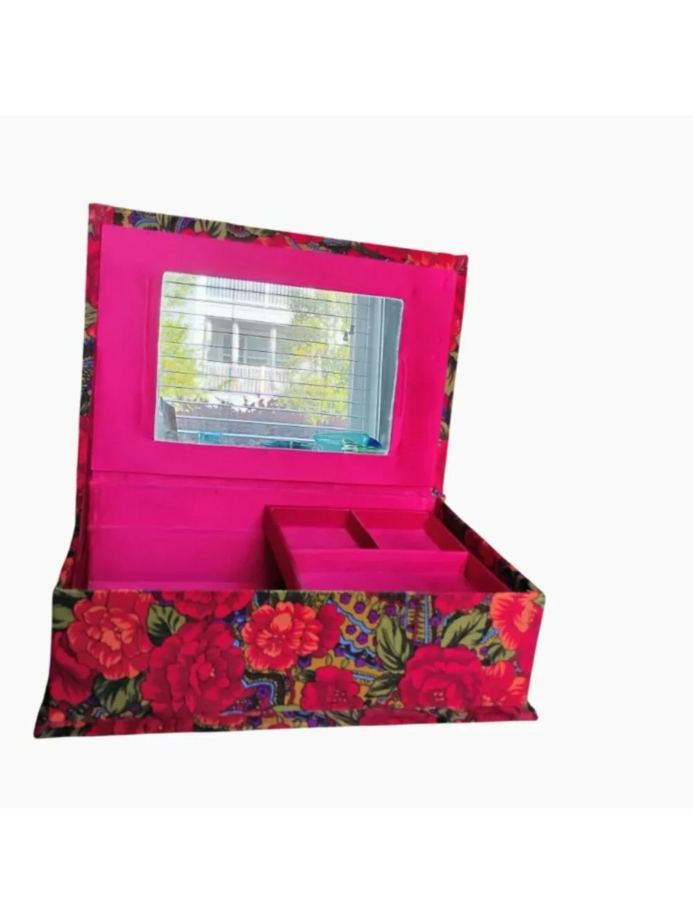 Vintage Floral Fabric-Covered Jewelry Box With Mirror & Compartments 11.5